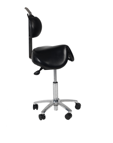 Används ej.  Flex-sadel stol,  + svankstöd , klädsel: skinn(äkta) svart.   inkl. rostfri stolpe,  metall: svart.